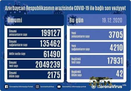 Azərbaycanda daha 42 nəfər koronavirusdan öldü: 3705 yeni yoluxma - FOTO